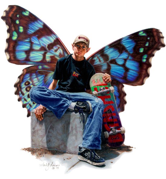 Illustration of Winged Boy with Skateboard