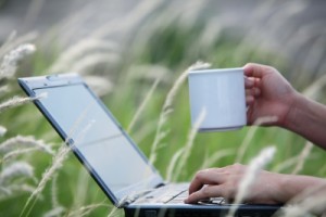 A game programmer commits code from a pleasant, grassy field