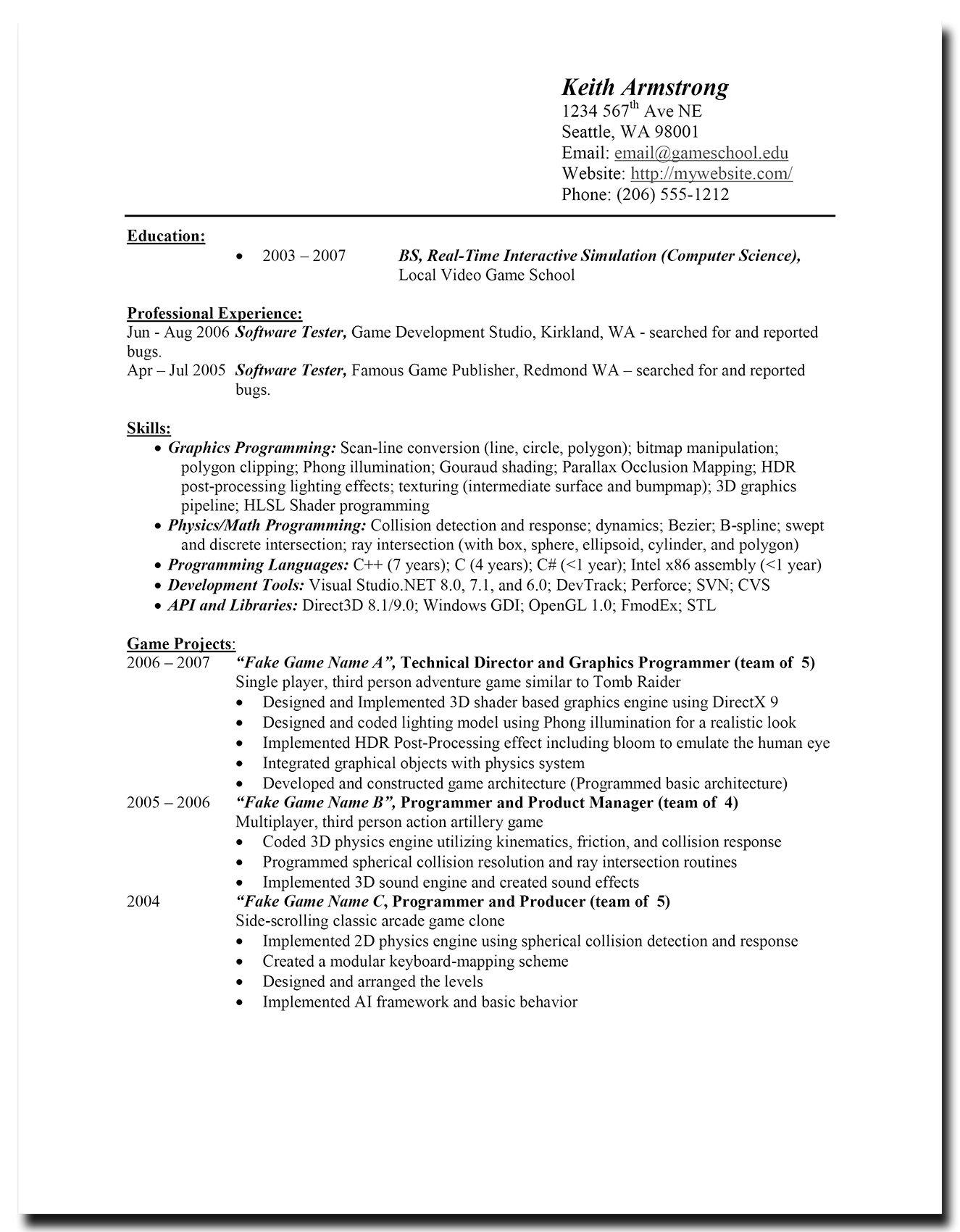 resume examples for game developer